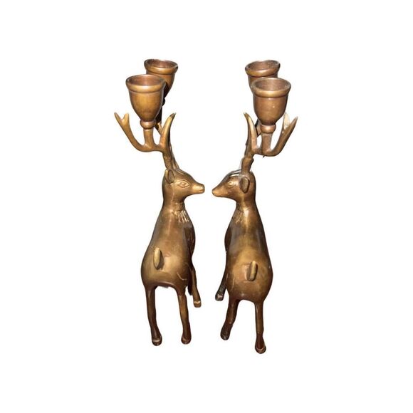Vintage Pair Solid Brass Reindeer Candle Holders Christmas Holiday Decor - Picture 10 of 11